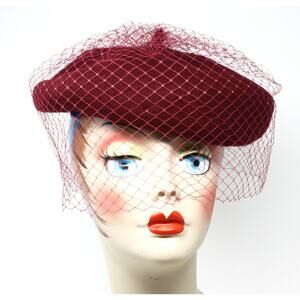 Burgundy Wool Felt Beret w Veil Netting Church Party Retro Style Hat - Hey Viv